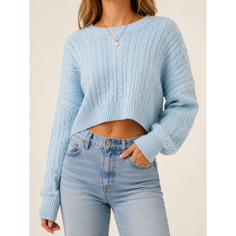 Altar'd State Blue Cable Knit Cropped Sweater L Oversized Dolman Cozy Preppy